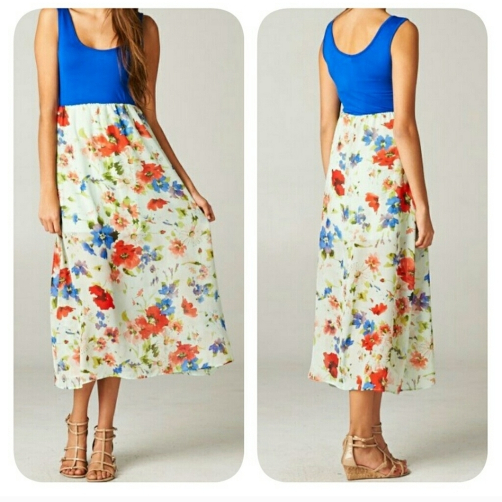 Blue ivory red floral tank dress Large